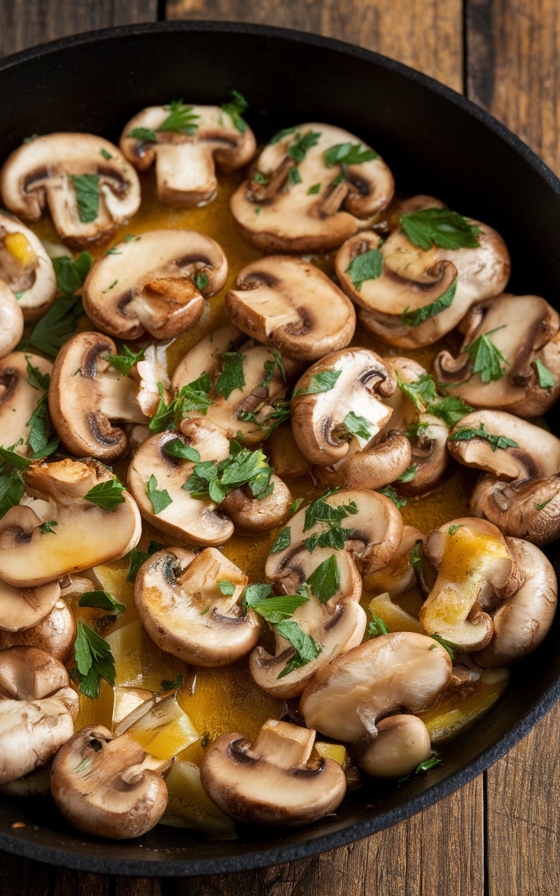 Savory Garlic Butter Mushrooms Recipe Sautéed garlic butter mushrooms in a skillet, garnished with parsley.